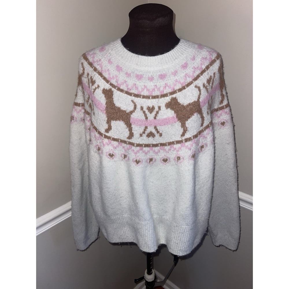Pink Victorias Secret Love Shack Fancy Fair Isle Dog Heart Sweater Womens M Ski